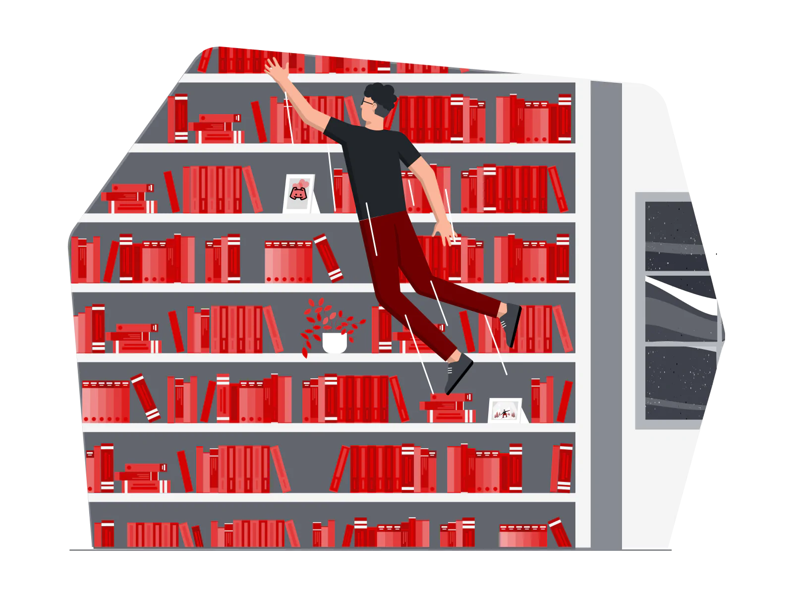 Man jumping up to get a book from the large book shelf in the background filled with books.